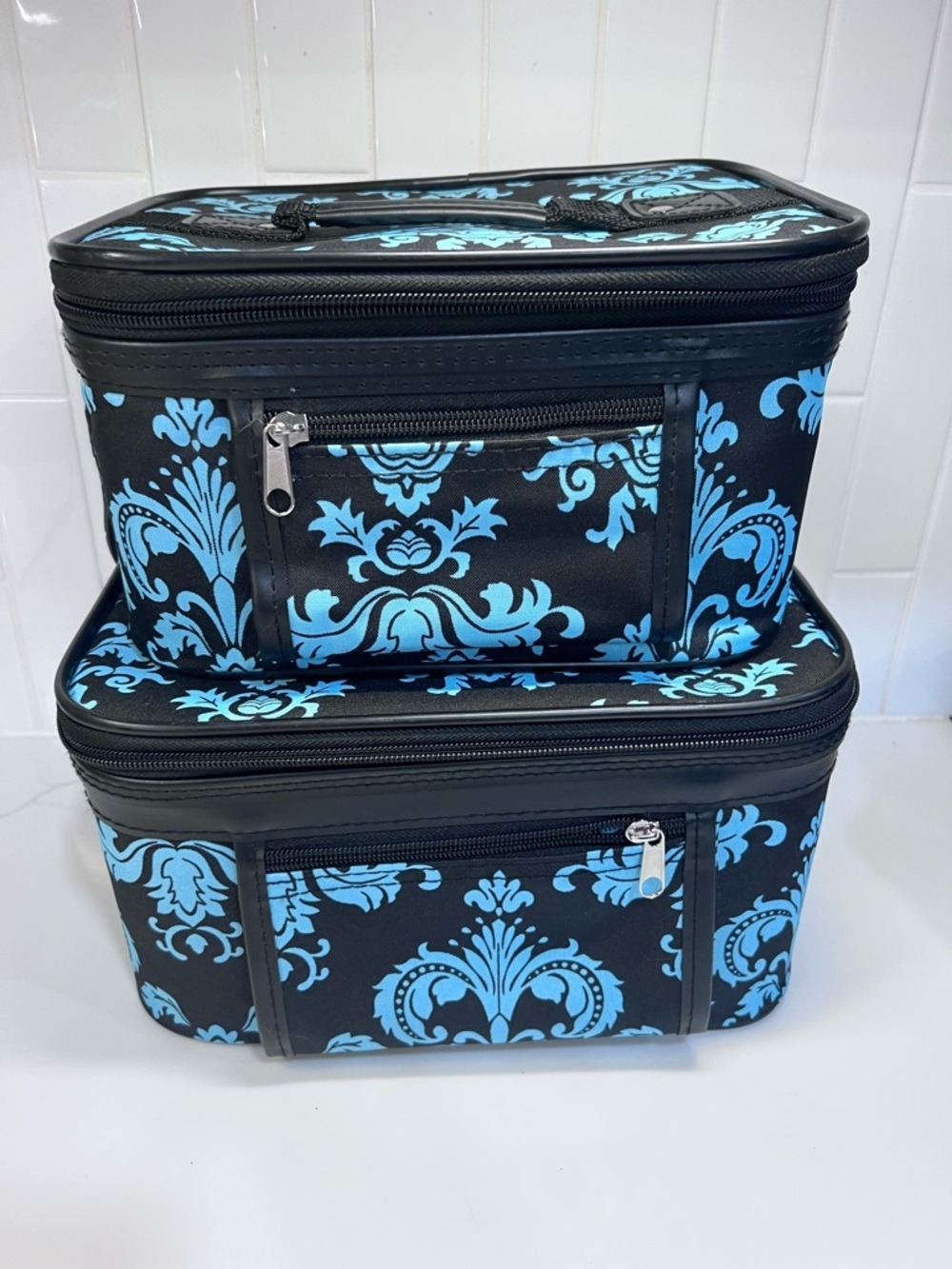 Toiletry Makeup Case Set of 2 Large Medium Detach Strap Damask  Black Teal NEW